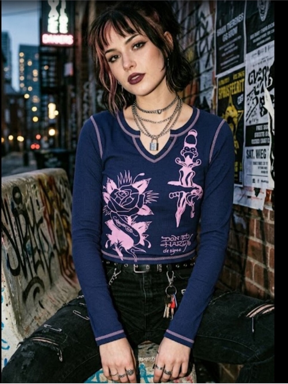 Ed Hardy Navy Pink Thermal Shirt Long Sleeve Cropped Size Medium NWT